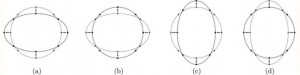 Εικ. 1. Η χρονική εξέλιξη ενός δακτυλίου σωματιδίων επηρεάζεται από κάποιο διερχόμενο κύμα βαρύτητας, όπου P είναι η περίοδος του κύματος. Κάθε διαδοχική εικόνα είναι ένα στιγμιότυπο που λαμβάνονται P / 4 αργότερα στο χρόνο. Σε κάθε σχήμα παρουσιάζεται τόσο η τρέχουσα κατάσταση του δακτυλίου (μαύρο) όσο και η προηγούμενη κατάσταση του δακτυλίου (γκρι).